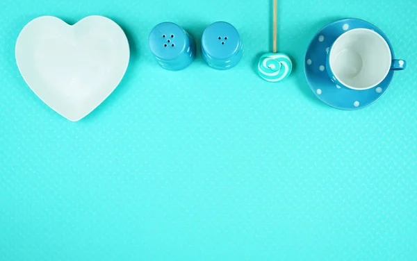 Colorido tema azul desayuno almuerzo mesa ajuste flatlay . — Foto de Stock