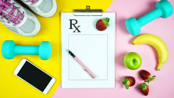 Healthy lifestyle prescription for good health concept flatlay.