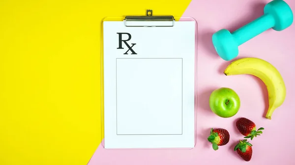 Healthy lifestyle prescription for good health concept flatlay.