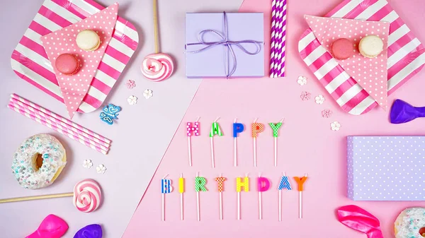 Colorful pink theme birthday party flat lay. — Stock Photo, Image