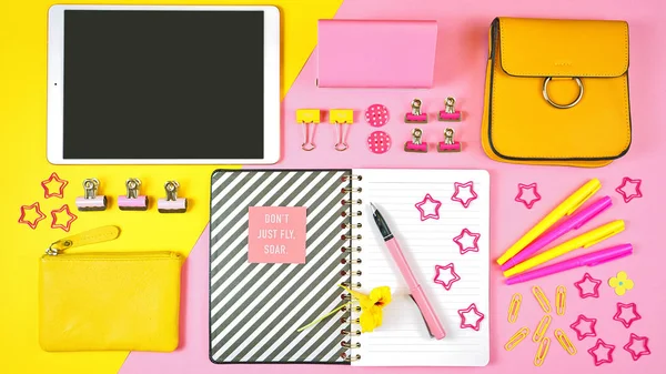 Back to school pink and yellow teens theme concept flat lay. — Stock Photo, Image