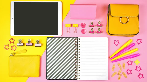 Back to school pink and yellow teens theme concept flat lay. — Stock Photo, Image