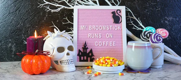 Funny Halloween My Broomstick Runs on Coffee letter board. — Stock Photo, Image