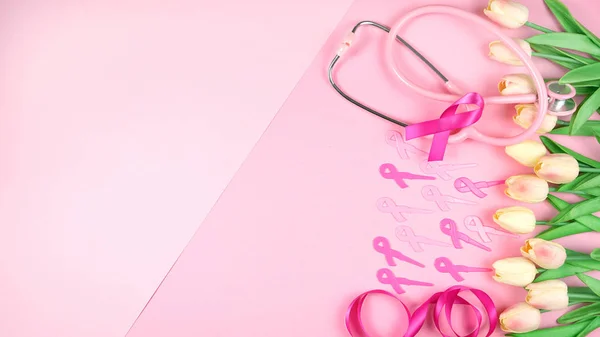 Pink Ribbon Breast Cancer Awareness Month flatlay overhead. — Stock Photo, Image