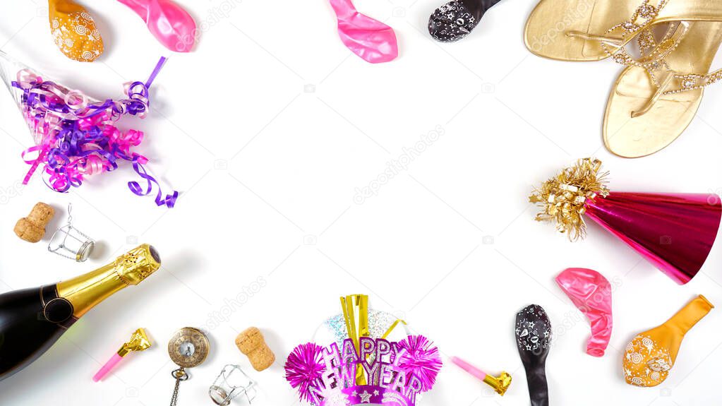 New Years Eve minimal background with champagne and pink and gold decorations.
