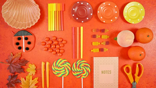 Orange aesthetic Back to School theme creative layout flat lay.