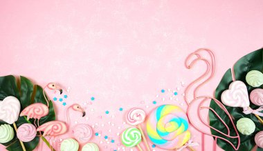 Flamingolu ve pembe desenli arka planda şekerli yaz temalı düz yatak.