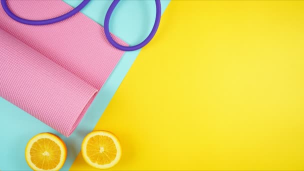 Health and fitness concept stop motion on modern colorful background. — Stock Video