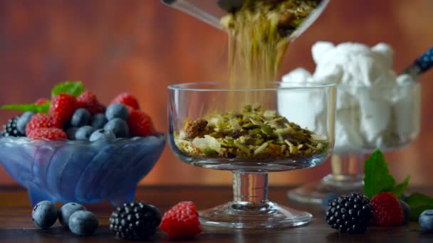 Hindistan cevizi sütü ve taze meyve ile servis edilen tahılsız paleo granola kahvaltısı. — Stok video