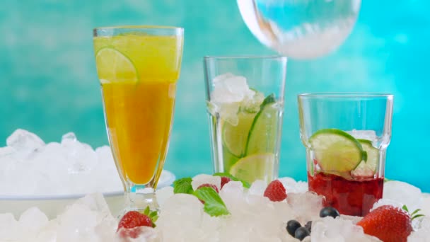 Preparación de bebidas Spritzer de verano con fruta y agua mineral espumosa . — Vídeo de stock