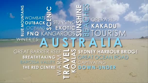 Australian tourism related words animated text word cloud — Stock Video