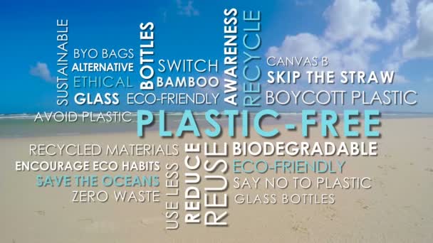 플라스틱 관련 단어없는 단어 애니메이션 텍스트 단어 구름 깨끗 한 해변 배경. — 비디오