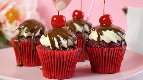 Bolinhos de veludo vermelho com molho de chocolate e cerejas . — Fotografia de Stock