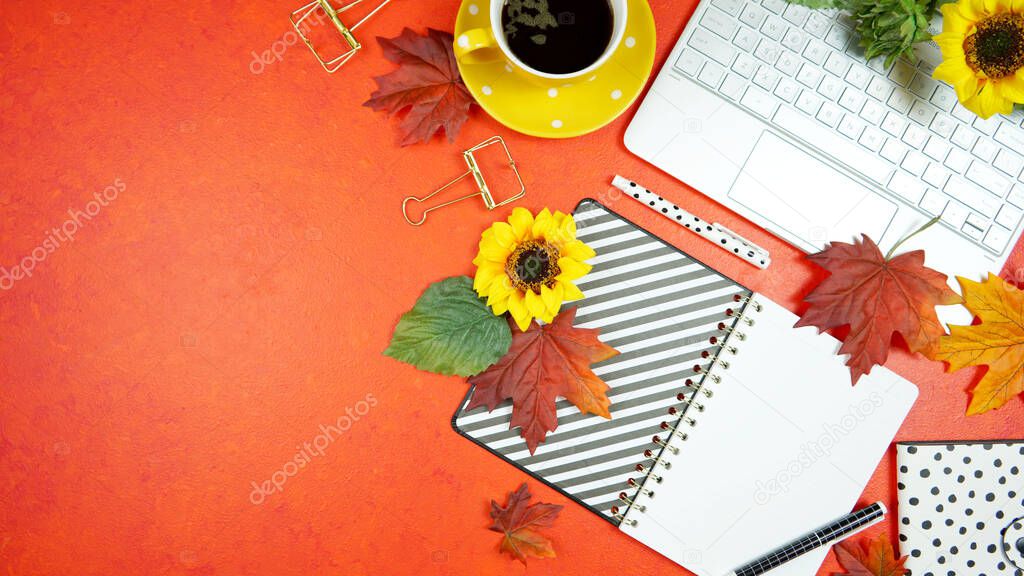 Autumn Fall desktop workspace blog header overhead flat lay.