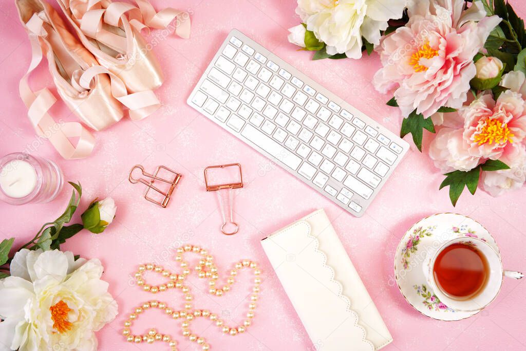 Pointe Ballet Shoes Aesthetic desktop workspace blog header overhead flat lay.