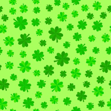 Yeşil şanslı yonca arka planda kalır. Kusursuz vektör deseni. Yeşil yapraklı orman deseni. Aziz Patrick Günü için dört yapraklı yonca arka planı.