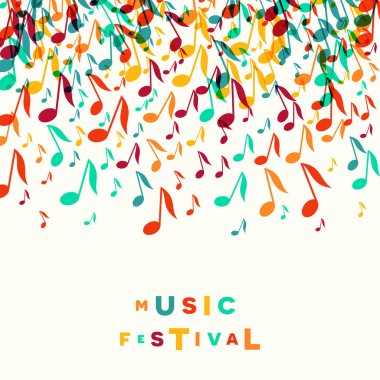 Renkli Müzik Festivali Not arka planı. Rastgele renkli müzik festivali afiş tasarım şablonu. Vektör çizim
