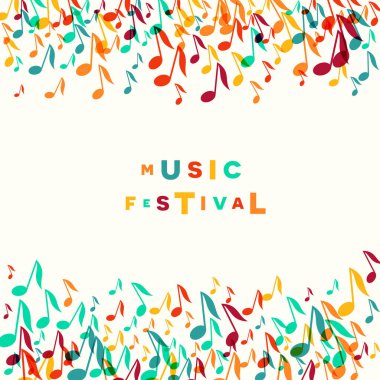 Renkli Müzik Festivali Not arka planı. Rastgele renkli müzik festivali afiş tasarım şablonu. Vektör çizim