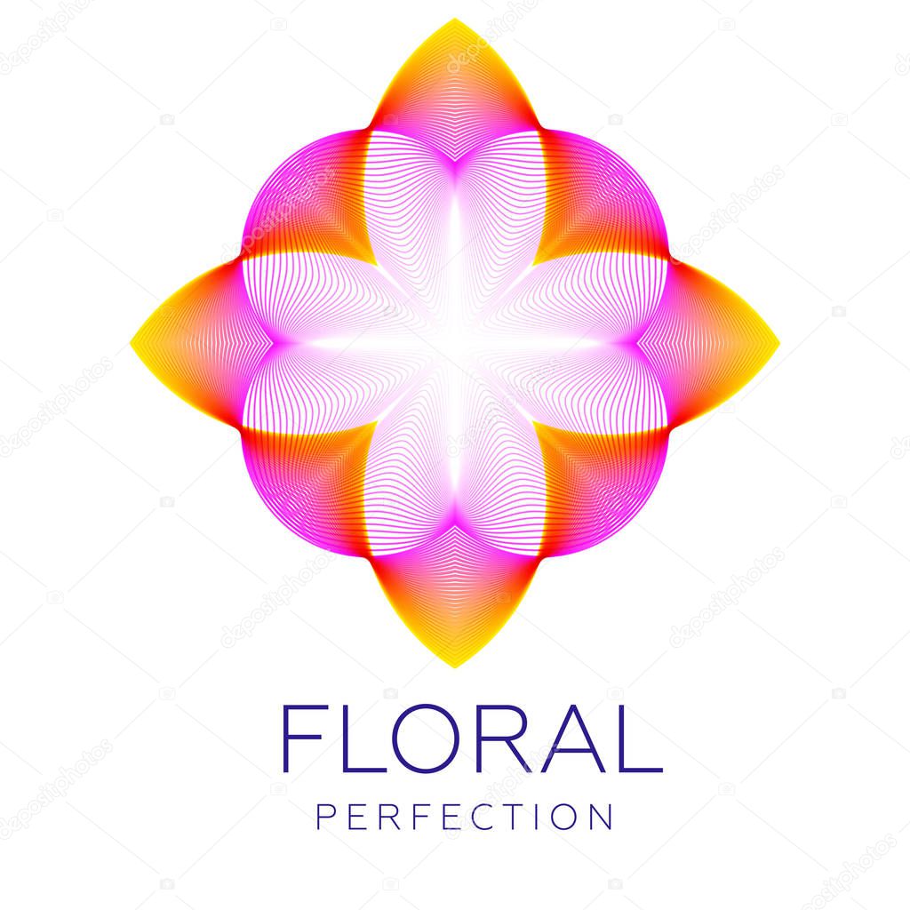 Fantastic flower icon, abstract shape with lots of blending lines and gradient color. Vector illustration. Sample text - Floral perfection.