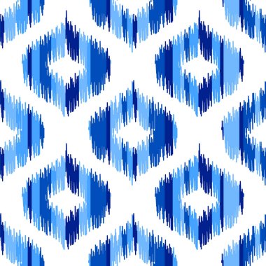 Özbek ikat ipek kumaş deseni, çivit mavisi ve beyaz renkleri.