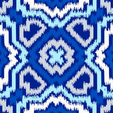 Özbek ikat ipek kumaş deseni, çivit mavisi ve beyaz renkleri.