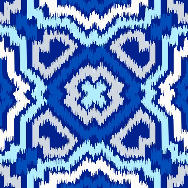 Uzbek ikat silk fabric pattern, indigo blue and white colors. — Stock Vector