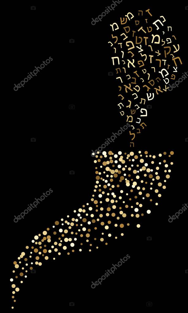 Shofar Yom Kippur greeting card, vector illustration. Golden sparkle confetti on black background. Jewish holiday prayer horn. Random polka dots.