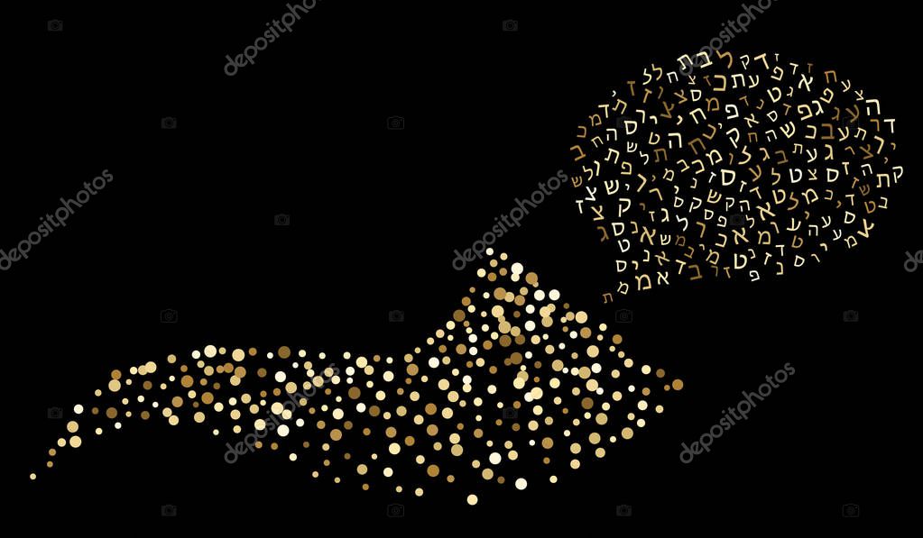 Shofar Yom Kippur greeting card, vector illustration. Golden sparkle confetti on black background. Jewish holiday prayer horn. Random polka dots.