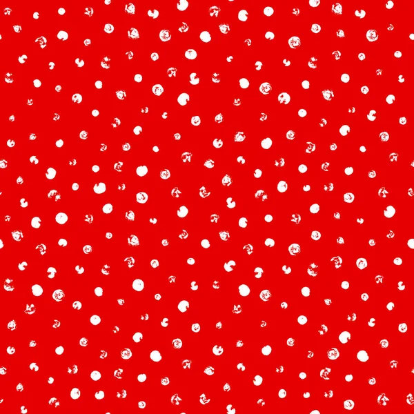 Náhodně rozptýlený polka tečka vzor, abstraktní červené a bílé pozadí, bílé tečky na červené. — Stockový vektor