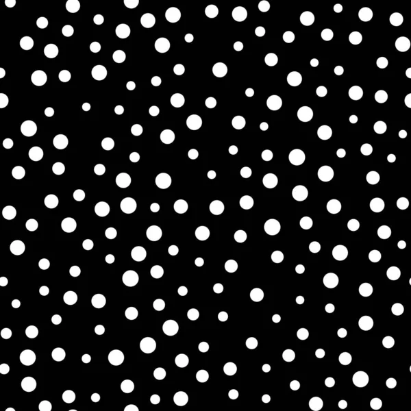 Willekeurig verspreid polka dot patroon, abstracte zwart-wit achtergrond, witte stippen op zwart. — Stockvector