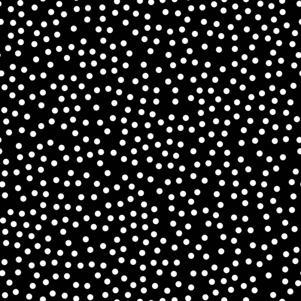 Willekeurig verspreid polka dot patroon, abstracte zwart-wit achtergrond, witte stippen op zwart. — Stockvector