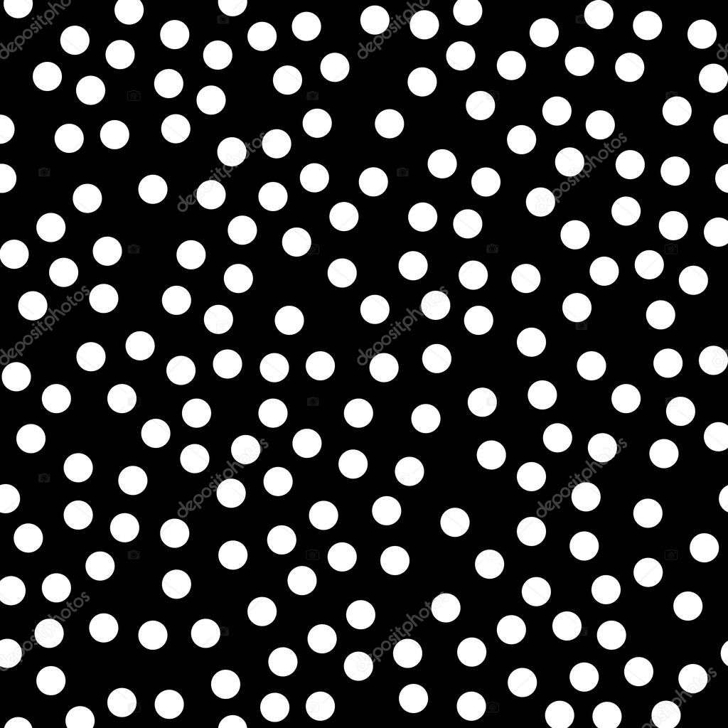 Random scattered polka dot pattern, abstract black and white background, white dots on black.