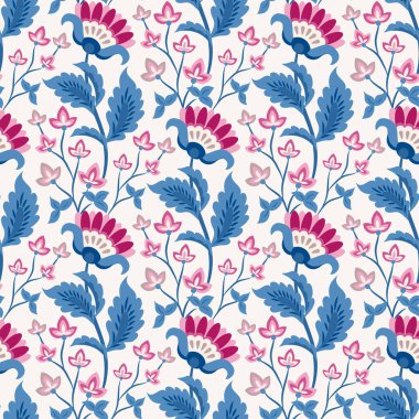 Jacobean çiçekli illüstrasyon, çayır çiçekli arka plan. Renkli şifalı bitkiler. Kusursuz vektör deseni. Jacobean işlemeli çiçek, bitkisel koleksiyon, pembe ve mavi çiçekler..