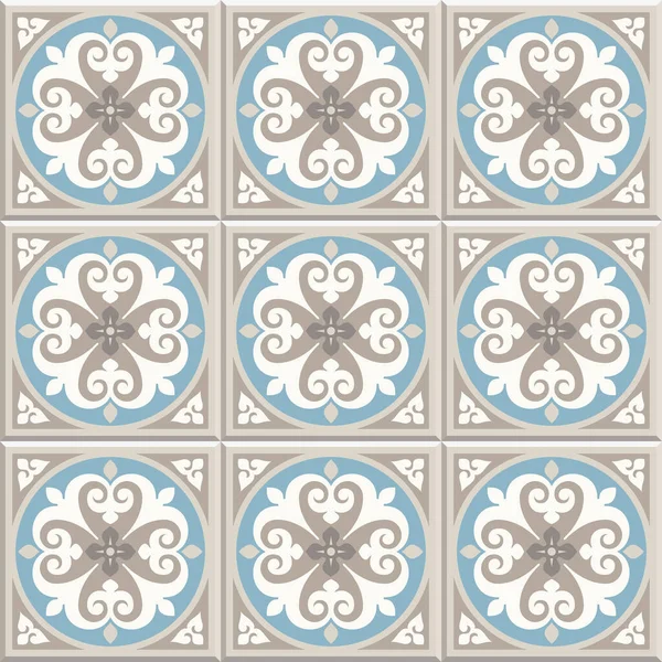 古老的地板瓷砖 地板整理无缝矢量背景 矢量图解 维多利亚式英语地板瓷砖设计 葡萄牙水泥瓷砖图案 灰蓝色和金黄色 — 图库矢量图片
