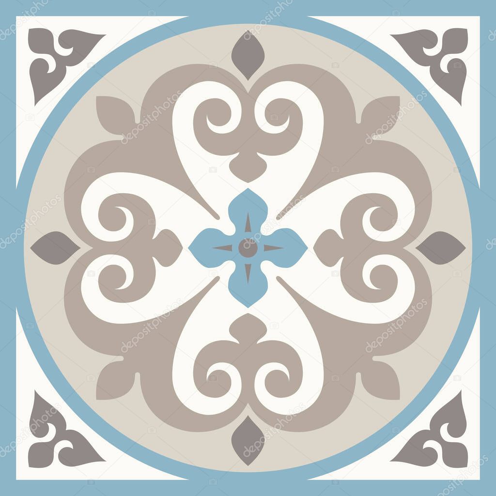 Ancient floor ceramic tiles. Flooring tiling seamless vector background. Vector illustration. Victorian English floor tiling design. Portuguese cement tiles pattern. Grey-blue and golden brown colors