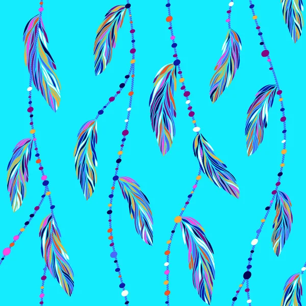 Plumas Exóticas Coloridas Del Pájaro Tropical Hilos Del Boho Patrón — Vector de stock