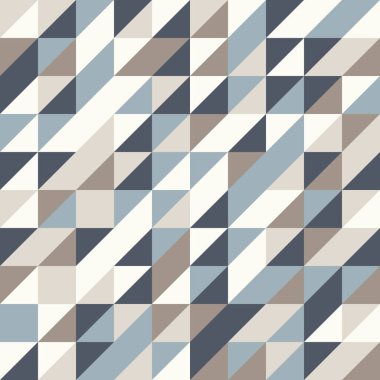 Tarafsız renklerle soyut geometrik arkaplan. Kusursuz vektör deseni. Kahverengi kahverengi, lacivert ve deniz mavisi doğal renkler. Moda kumaş yama tasarımı. Basit geometri rastgele üçgenleri