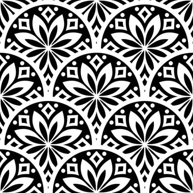 Tek renkli soyut çiçekler, siyah-beyaz geometri sırası, kusursuz vektör deseni