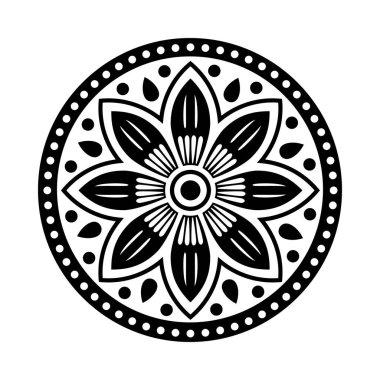 Siyah ve beyaz halk çiçeği, dekoratif çiçek tasarımı elementi, vektör illüstrasyonu, mandala tarzı, simetrik düzen ve kalın kontrast, dekoratif, süslemeli his.
