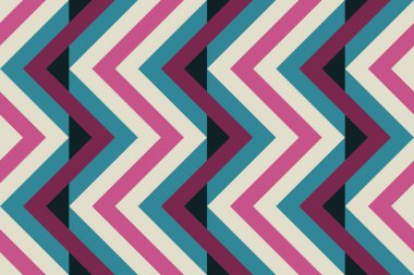 Renkli zigzaglar, elmaslar ve optik illüzyon, kusursuz geometrik vektör deseni. Kalın tasarım arka plan, kumaş, duvar kağıdı, kapak tasarımı, sessiz retro renkler,