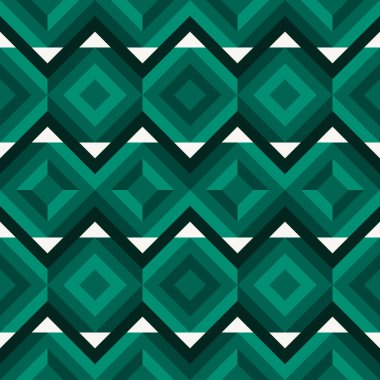Viridyen elmaslar, renkli zikzaklar, elmaslar ve optik illüzyon, kusursuz geometrik vektör deseni. Kalın tasarım arkaplan, kumaş, duvar kağıdı, kapak tasarımı
