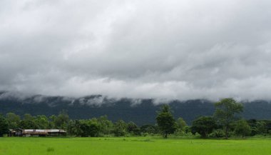 Güzel manzara arka planda, kopya alanı bulutlu yağmur dağda önünde yeşil alan.