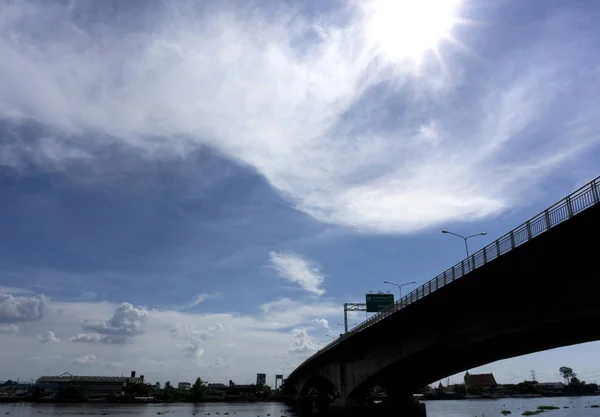 Bridge over the river on blue sky cloud background,Front view.