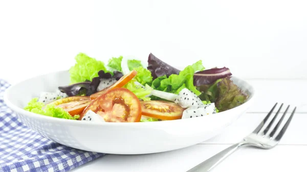 Hälsosam Sallad Båge Kost Matkoncept Rekvisita Dekoration Gaffel Dragon Frukt — Stockfoto