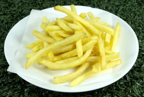 French Fries in a white dish on green grass on background,Top view Close up