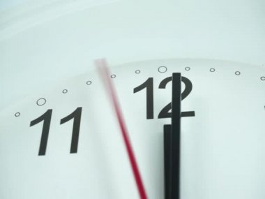 Closeup Beyaz duvar saati saat 12.01 veya pm başında yüz, Saat dakika yavaş yürümek, Zaman kavramı.