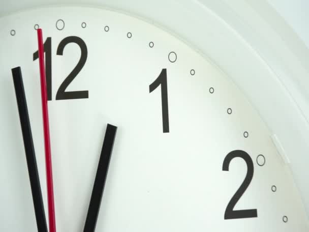 Closeup White Wall Clock Face Beginning Time Clock Minute Walk — Stock Video