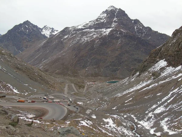 Nevada Juncal Carretera Chile Curvas Peligrosas Carretera — Foto de Stock