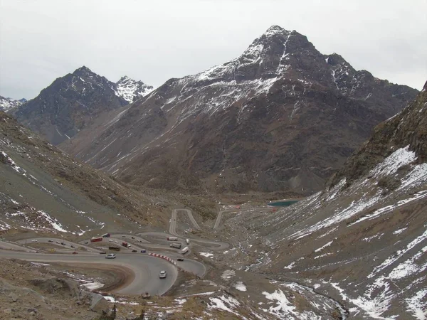 Nevada Juncal Carretera Chile Curvas Peligrosas Carretera — Foto de Stock