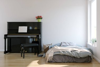 Piyano odasının içi İskandinav tarzında. İç mekan modeli. 3d Görüntü.